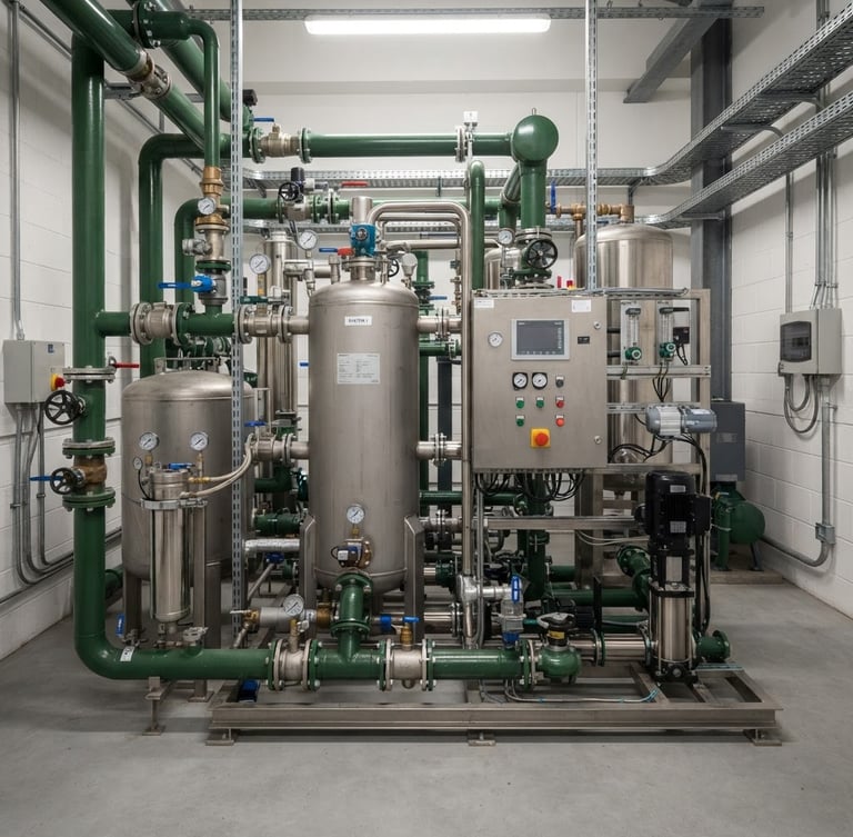 Clean industrial water filtration system, complex pipework, stainless steel tanks, and control panels in a well-lit utility room, sharp focus, deep green and metallic tones, 35mm lens