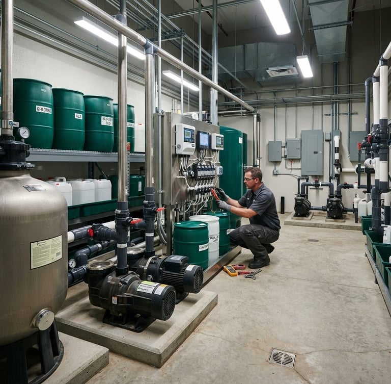 Wide panoramic shot of a modern pool equipment room, featuring neatly arranged chemical containers, filtration pumps, and automatic dosing systems, under crisp industrial lighting, with a technician in the background performing maintenance. Deep green and metallic tones dominate.