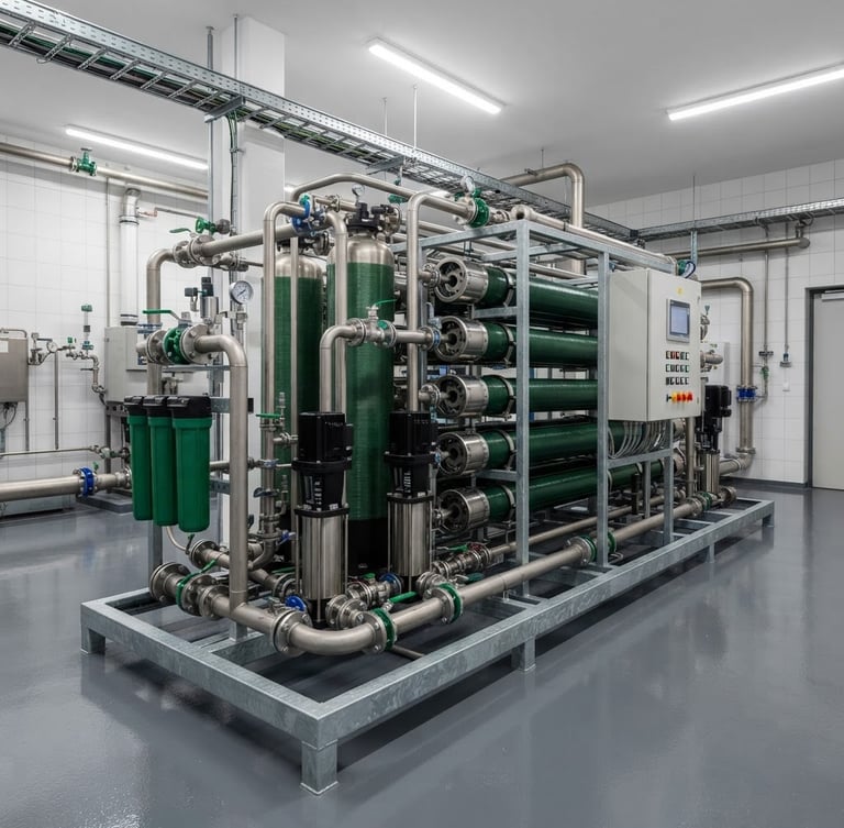High-capacity reverse osmosis skid in a clean utility room, crisp technical photography, clean industrial lighting, deep green and metallic tones, sharp focus, 35mm lens.