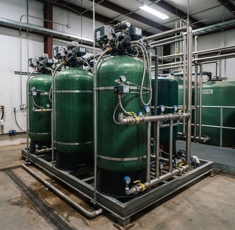Industrial water softening tanks with automatic control valves, crisp technical lighting, deep green and metallic tones, sharp focus, 35mm lens