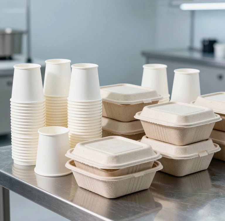 Sharp clean-room product shot of neatly stacked white paper cups and compostable food containers on a steel industrial table, bright high-key daylight, cool blue tones