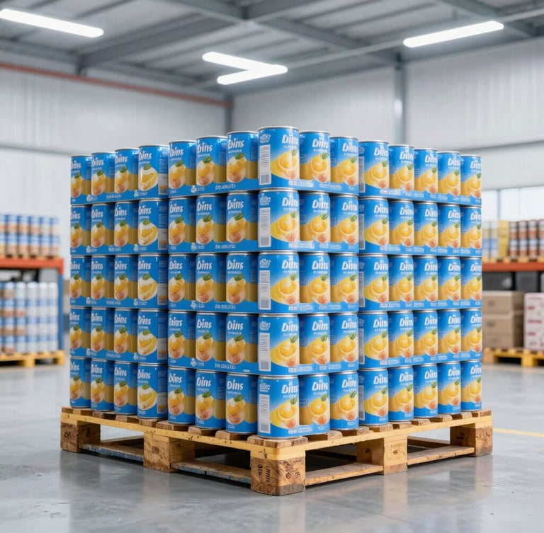 Pallets of boxed canned juices stacked neatly in a bright, clean modern warehouse with high-key industrial lighting, cool blue tones, commercial food-grade logistics environment