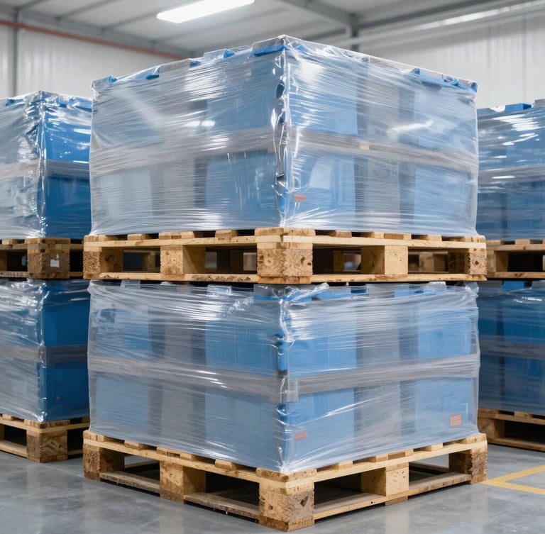 Crisp medium shot of neatly stacked wholesale pallets wrapped in clear film inside a bright clean modern warehouse, high-key industrial lighting