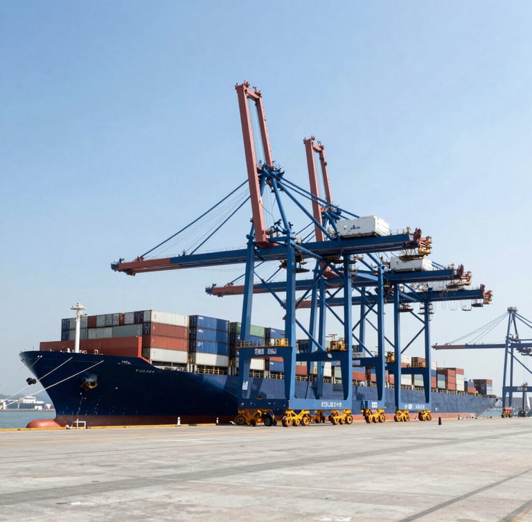 Wide-angle crisp commercial photography of a modern container port, bright clean daylight, cool blue tones, towering container cranes, cargo ship docked