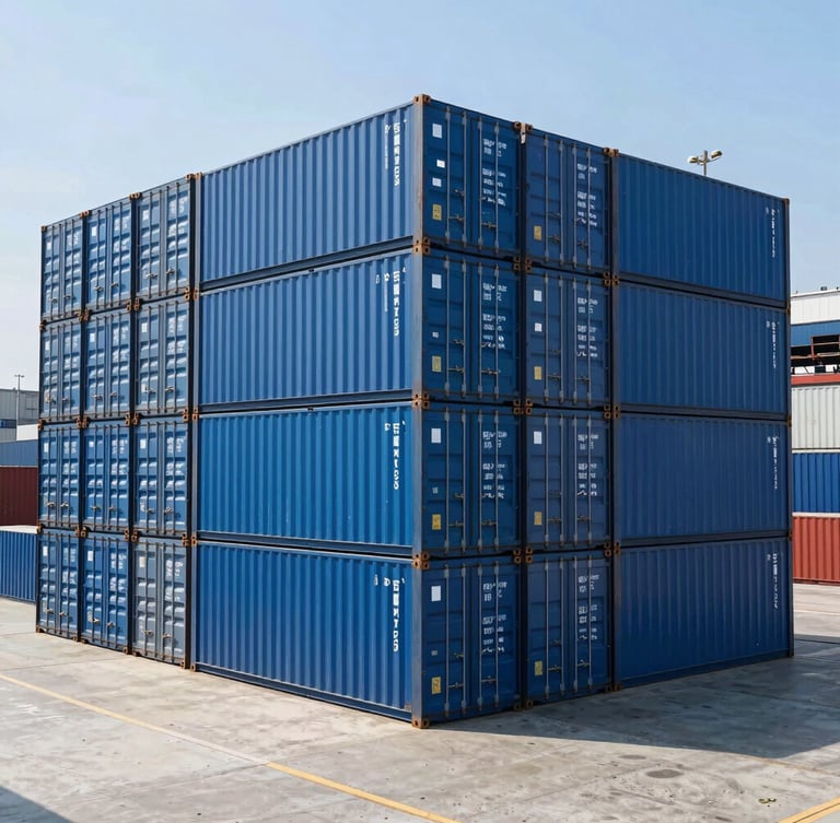 Wide-angle view of a bright, modern container port with neatly stacked blue shipping containers under clear daylight, high-end logistics environment