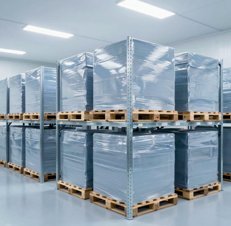 A pristine modern cold-storage facility with clean steel racks holding neatly stacked pallets, bright industrial lighting, cool blue tones, sharp focus.