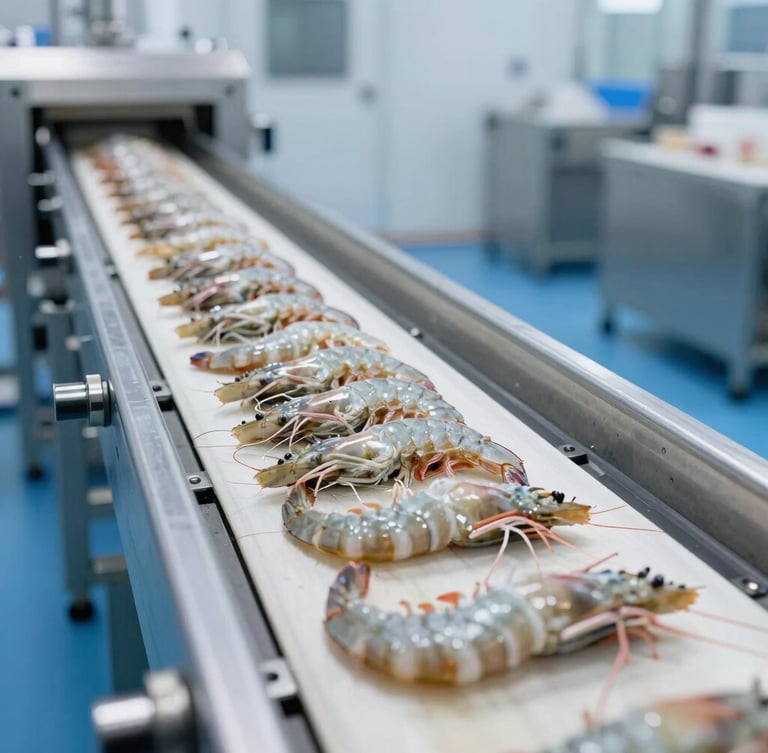 Pristine commercial frozen seafood processing facility, clean-room environment, fresh frozen prawns on a conveyor belt, bright cool daylight, clinical focus
