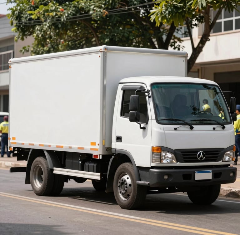 Lateral de um caminhão baú pequeno VUC limpo estacionado em rua ensolarada de Fortaleza, equipe uniformizada ao fundo