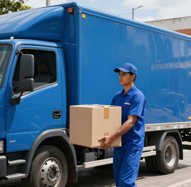 Medium shot of a spotless blue box truck parked on a sunny street in Fortaleza, with a professional mover in a clean matching uniform carrying a carefully wrapped box.