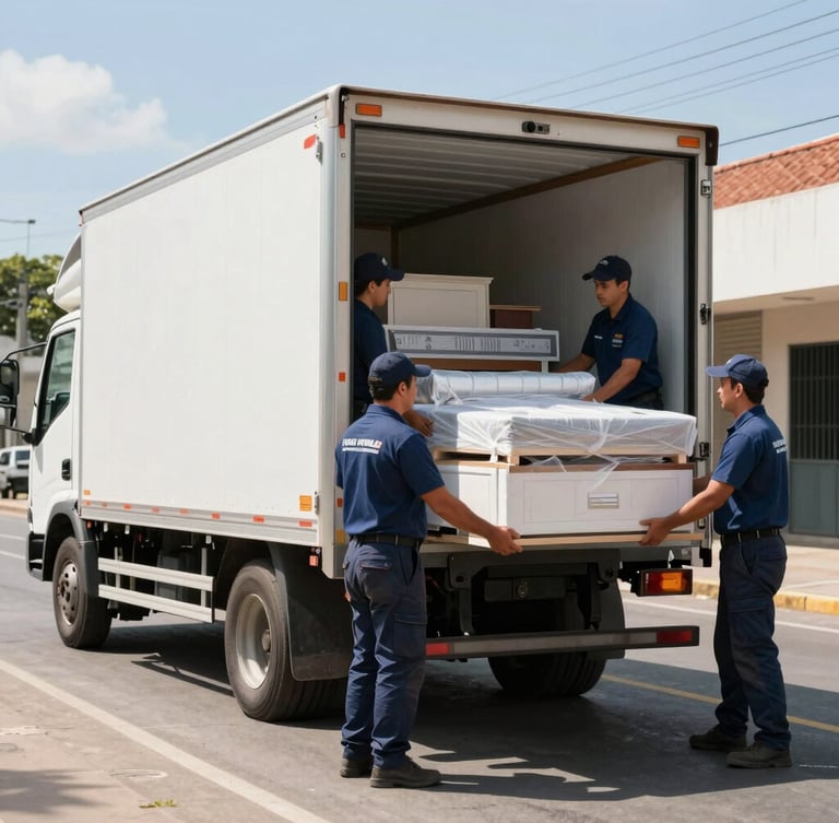Medium-wide shot of a spotless white box truck parked on a sunny street in Fortaleza, professional uniformed staff loading neatly wrapped furniture, bright daylight, clean composition.