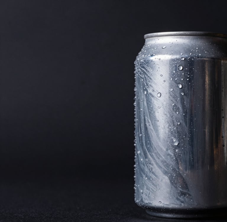 Wide panoramic 21:9 frame, macro close-up of a printed aluminum can positioned to the right third, showing tactile ink textures and condensation beads, dramatic high-contrast studio lighting against a deep charcoal background.