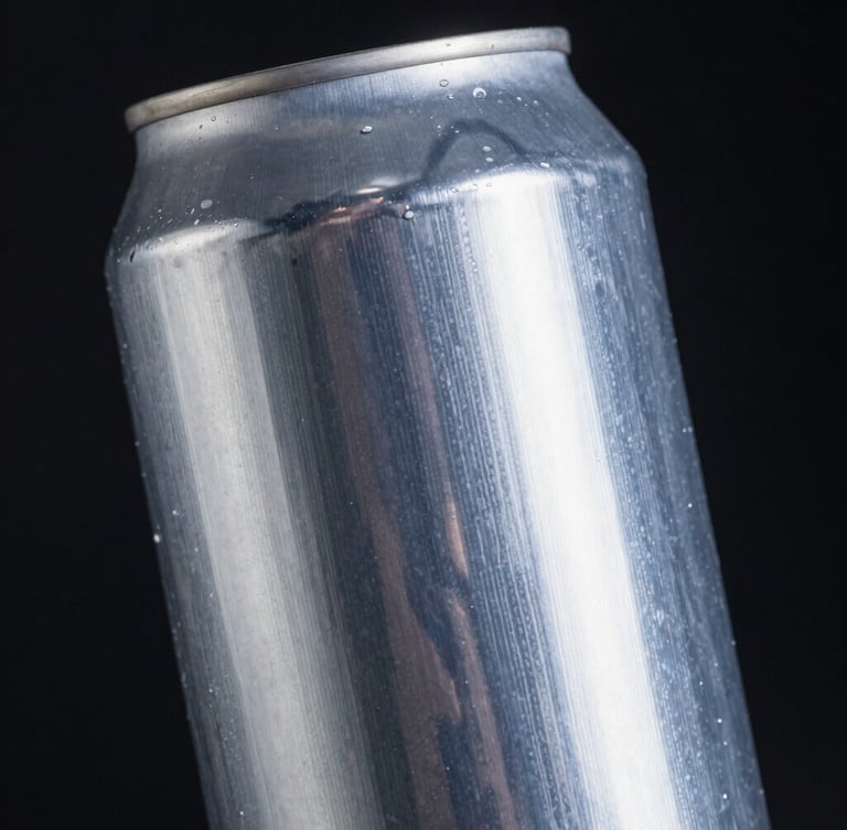 Macro close-up of a custom printed aluminum can showing tactile ink textures and crisp metallic silver details, dramatic high-contrast studio lighting catching metallic reflections, deep black background, cinematic 21:9 framing.