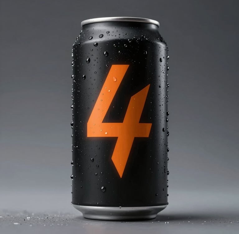 Low-angle heroic shot of a single matte-black beverage can with high-intensity electric orange geometric graphics, condensation beads, dramatic studio lighting
