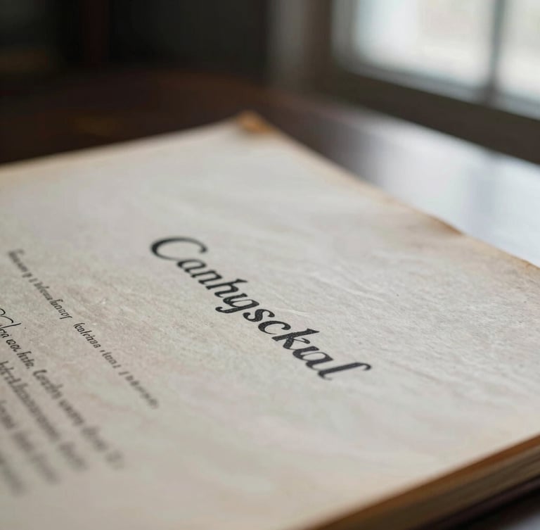 Macro photograph of a heavy parchment document with an elegant ink consular stamp, soft window light, deep navy shadows, shallow depth of field.