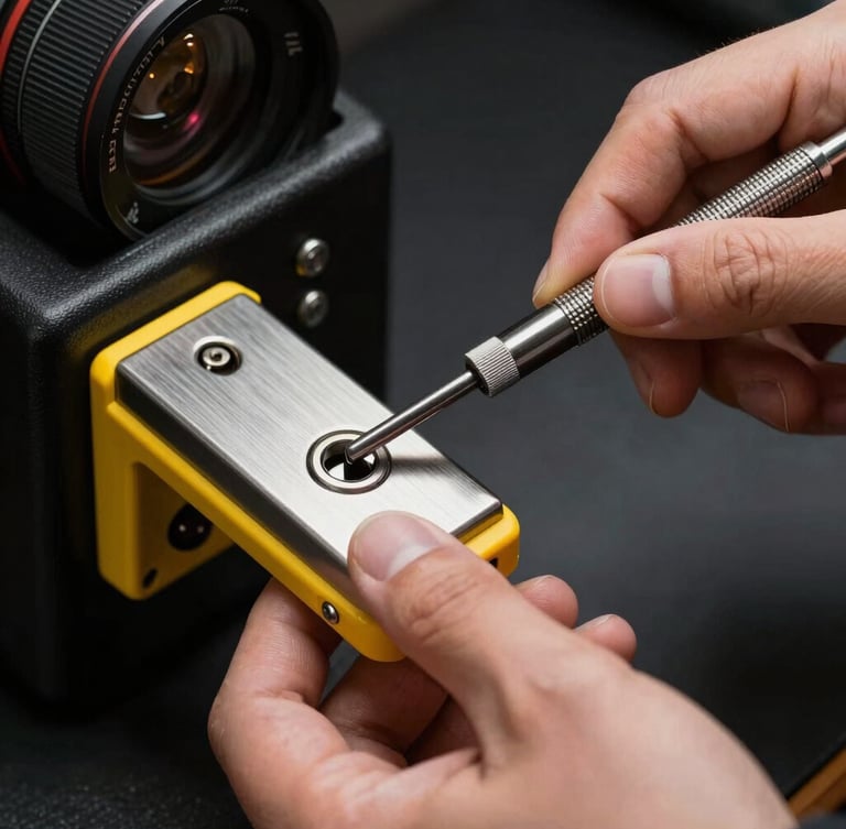Close-up of professional locksmith hands using precision pick tools to unlock a high-security tetra cylinder lock, high-contrast lighting, safety yellow details