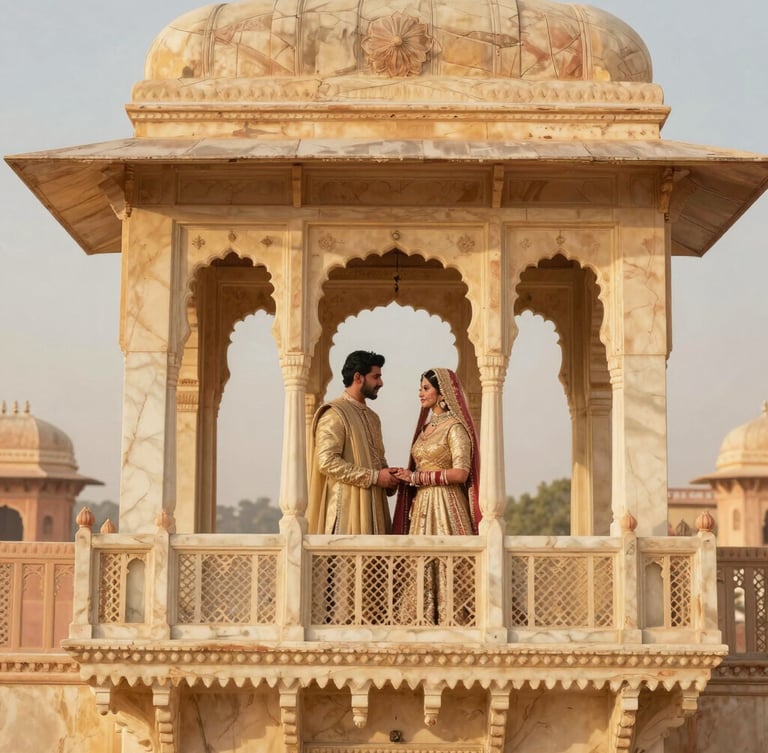 Cinematic wedding photography of an Indian couple in exquisite champagne gold couture standing on a grand marble balcony of a Rajasthani palace at golden hour, soft warm lighting, 85mm lens, rich editorial film look.
