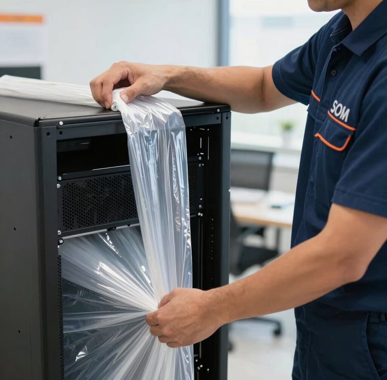 Crisp close-up of a professional mover in a clean navy uniform wrapping a server rack with protective anti-static stretch film inside a bright office, sharp focus, 35mm