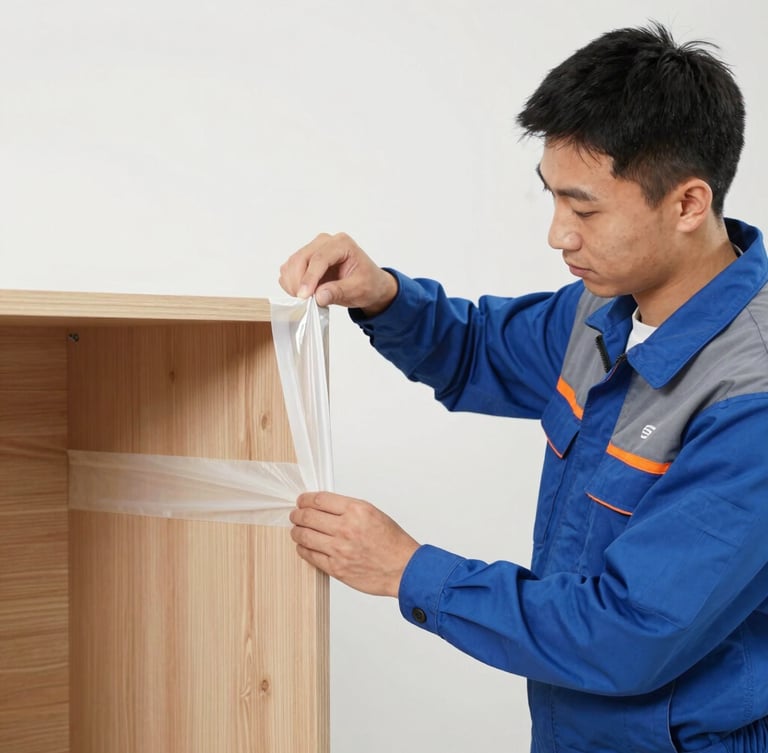 Professional uniform-clad crew member carefully wrapping a wooden cabinet corner with heavy-duty protective wrap, sharp focus, bright daylight, 35mm