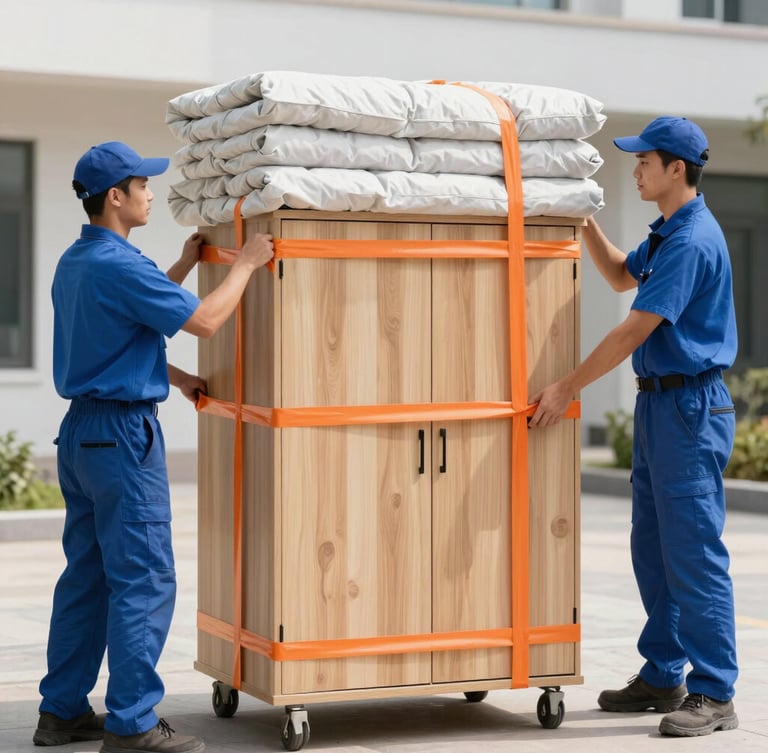 Professional moving crew in matching blue uniforms wrapping a large wooden cabinet in thick protective blankets and orange tension straps, sharp focus, bright daylight.