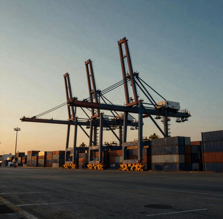 Wide cinematic long shot of Mundra port terminal at golden hour, massive container cranes towering over stacked blue and grey cargo containers, dramatic low-key lighting.