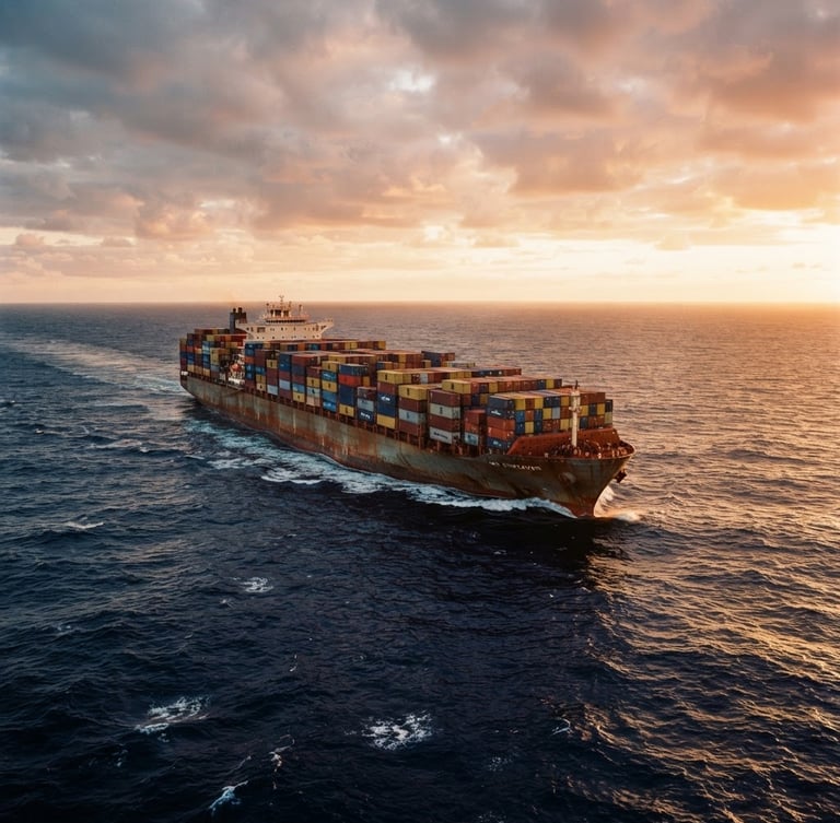 Cinematic wide-angle shot of a massive container ship loaded with colorful cargo containers navigating the open ocean at golden hour, deep navy water, 35mm film grain