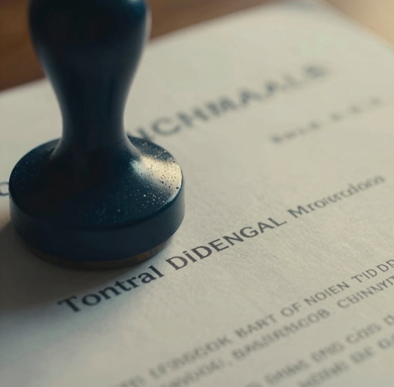 Macro close-up of an official customs stamp being pressed onto a crisp shipping document under clean office lighting, deep navy tones, high-contrast