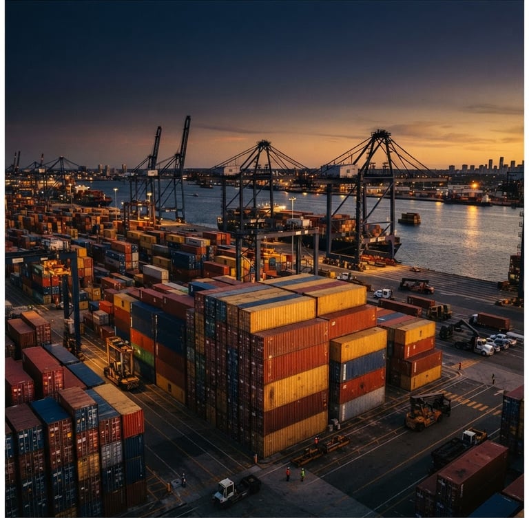 Cinematic editorial photography of a massive container terminal at golden hour, deep navy and steel tones, wide-angle lens, 35mm film grain, sharp focus on stacked containers.