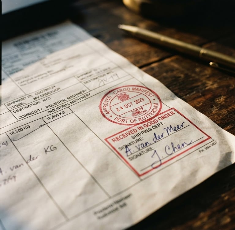 Macro close-up of an official shipping bill with red ink stamps and clean signatures under focused desk lighting, shallow depth of field, 35mm film grain.
