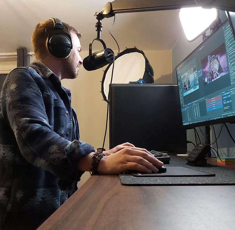 a man in coaching Aurélien Cailloce and headphones is sitting at a desk