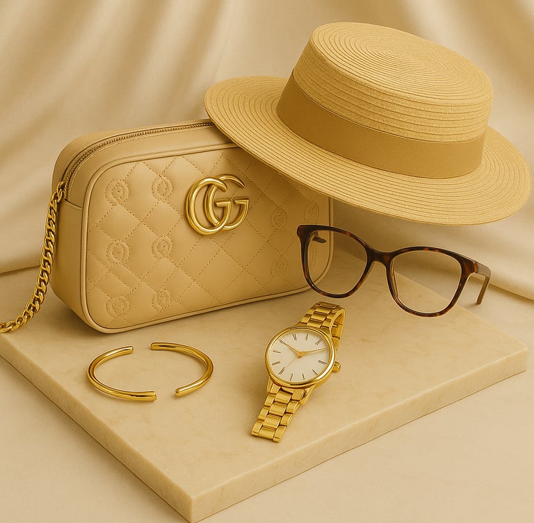 Flat lay of luxury beige accessories including a quilted GG handbag, straw hat,tortoiseshell glasses