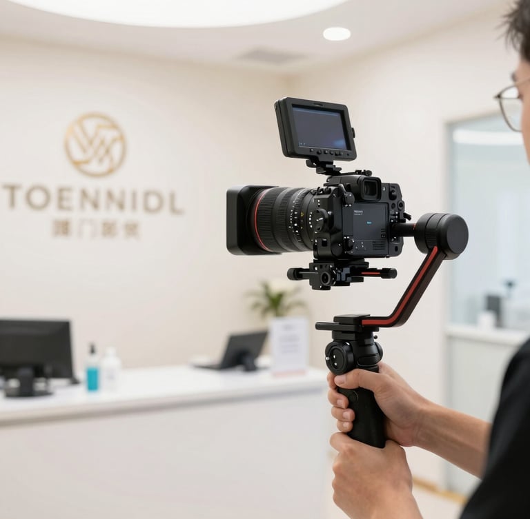 Dynamic action shot of a professional camera on a stabilizer filming a commercial scene inside a premium clinic, bright commercial lighting, sharp focus.