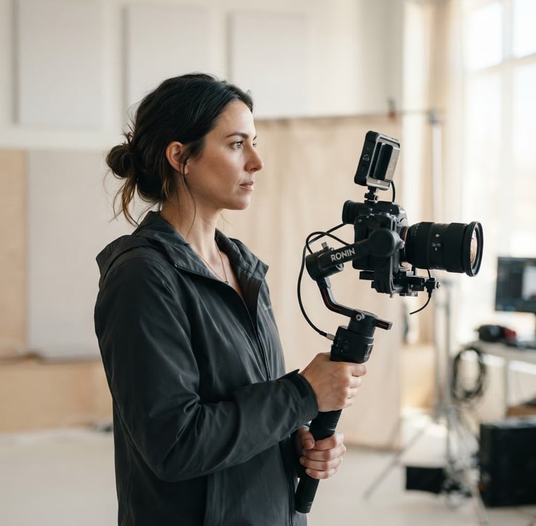 Cinematic side-profile portrait of a professional filmmaker holding a camera stabilizer, warm soft studio lighting, modern minimalist background, 50mm lens