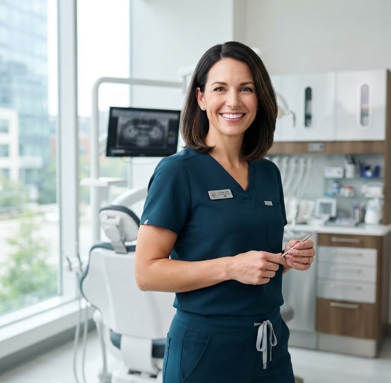 Bright commercial portrait of a professional dentist in a clean, high-end modern clinic, natural window light, sharp focus, 50mm editorial style.