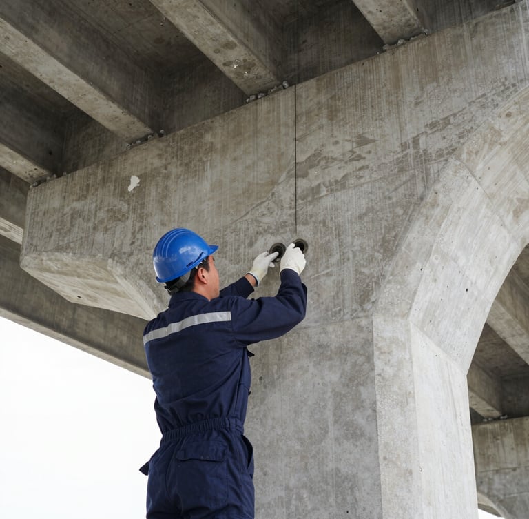 Close-up of specialized structural repair, an engineer in a navy uniform inspecting concrete injection ports on a bridge column, sharp high-contrast technical details.