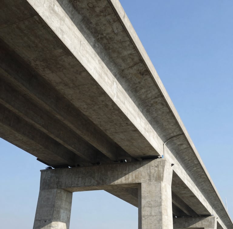 Low-angle heroic perspective of a massive reinforced concrete bridge under bright natural daylight, highlighting clean structural lines and engineering precision.