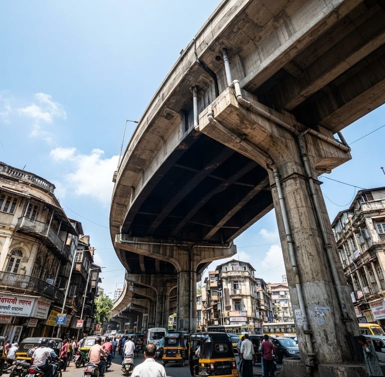 Low-angle architectural shot of a massive reinforced concrete flyover in Mumbai, bright midday sun highlighting structural forms, deep navy shadows, crisp details.