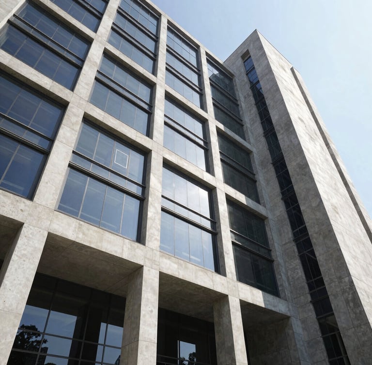 Low-angle architectural photograph of a modern corporate lobby in Mumbai, high-contrast concrete and steel elements, bright daylight streaming through double-height glass facade.