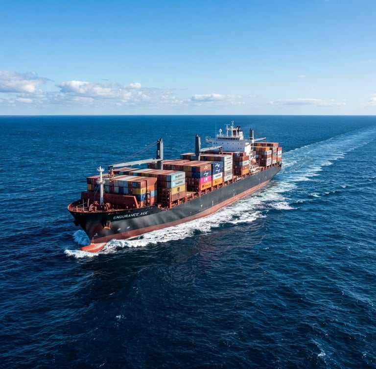 Wide environmental shot of a modern deep-sea cargo vessel cutting through crisp blue water under sharp daylight, wide-angle 35mm photography