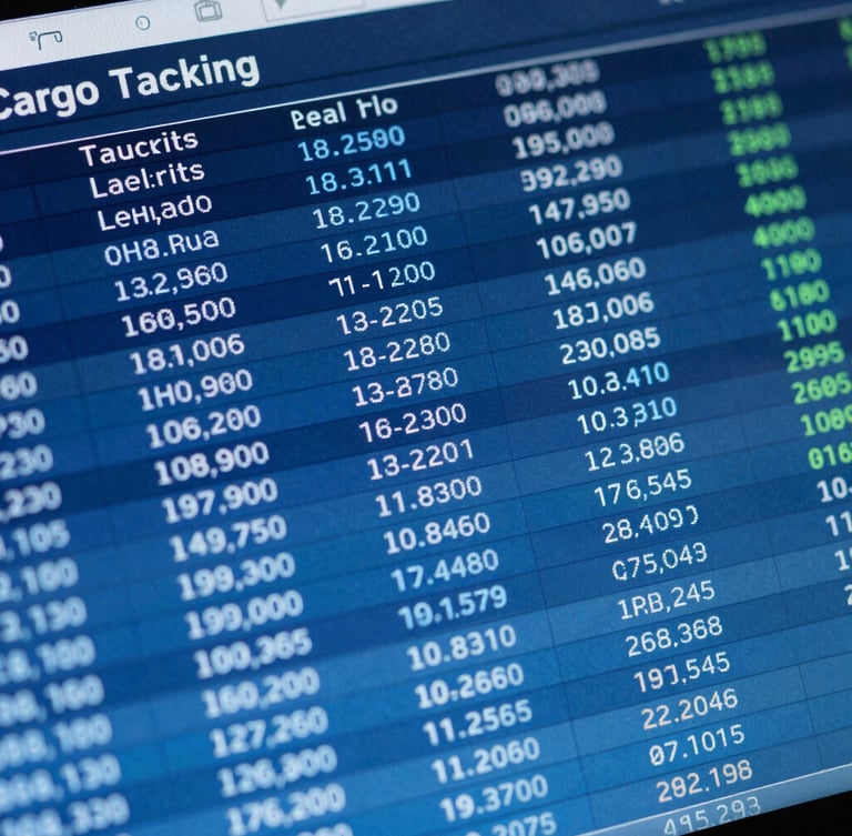 Macro close-up of a digital cargo tracking interface displaying real-time logistics coordinates, cool blue screen glow, sharp focus