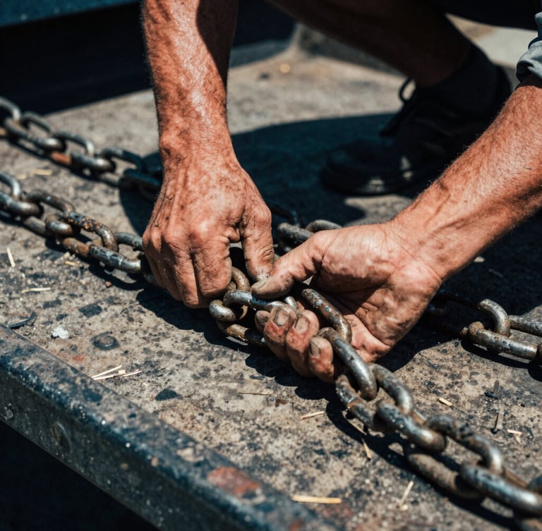 Close-up of weathered hands holding heavy steel chains on a flatbed trailer, harsh high-contrast midday Texas sun casting deep shadows, gritty blue-collar texture.