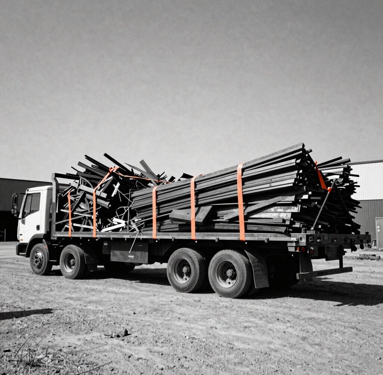 A loaded flatbed truck parked on a gritty industrial lot in Dallas, loaded with scrap metal and construction debris, harsh midday sun, safety orange tie-downs, high-contrast 35mm photography.