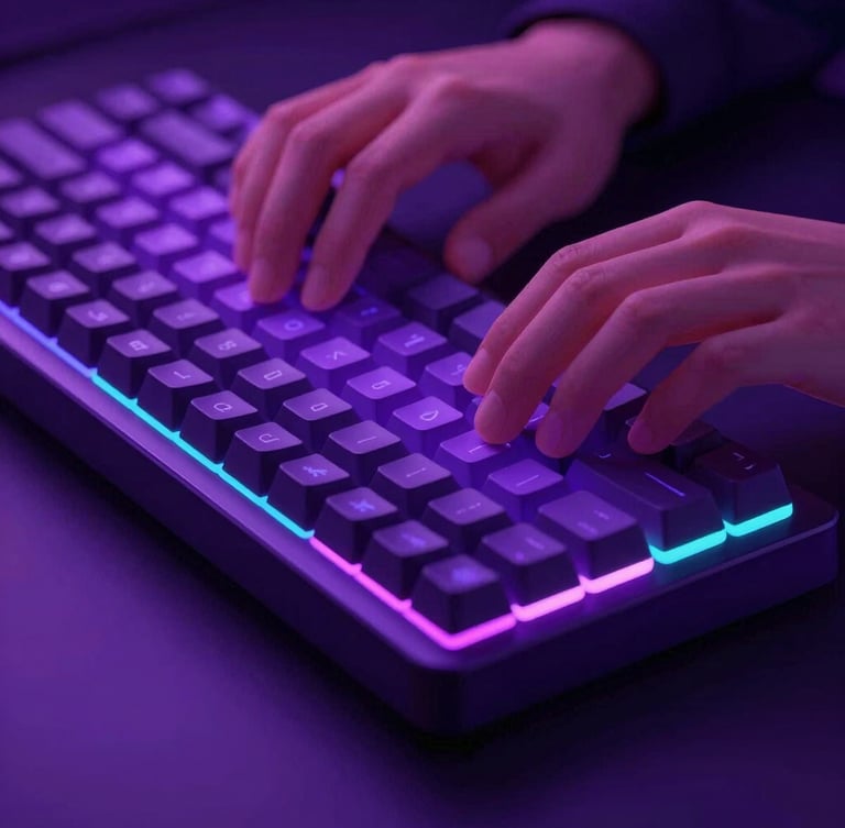 Close-up of hands typing on a mechanical keyboard, vibrant ambient neon purple backlighting, sleek modern workspace, cinematic angle