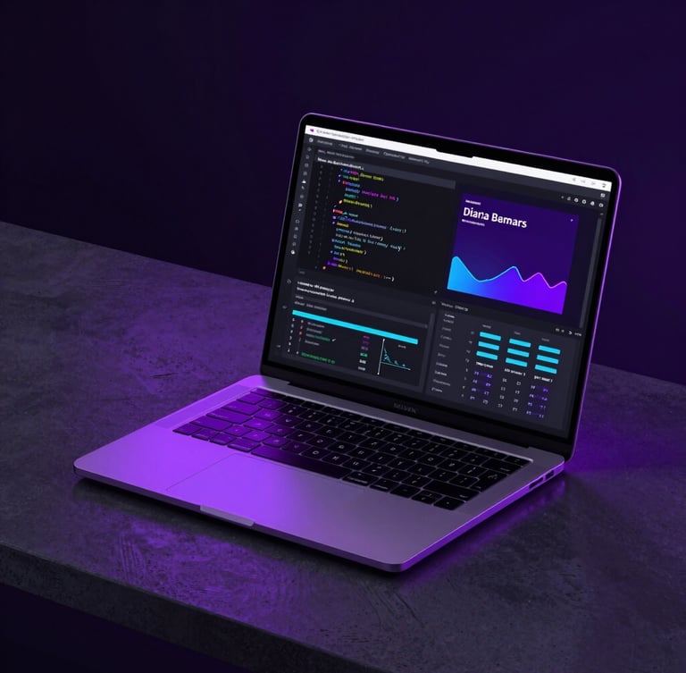 Sleek modern laptop on a dark concrete desk showing code and design timelines, vibrant purple ambient backlight, high-contrast digital workspace