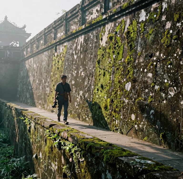 A wide environmental shot of a photographer walking along an ancient mossy wall in Hue, misty morning light, deep shadows, cinematic documentary photography