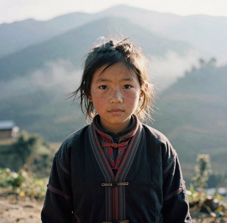 Cinematic portrait of a Hmong child in Sapa, misty morning light, soft smoke texture in the background, authentic expression, 35mm film grain, high-contrast natural light