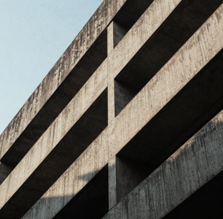 Cinematic architectural photograph of brutalist concrete building in Ho Chi Minh City, sharp diagonal shadows, high contrast sunlight, 35mm film grain, negative space on left