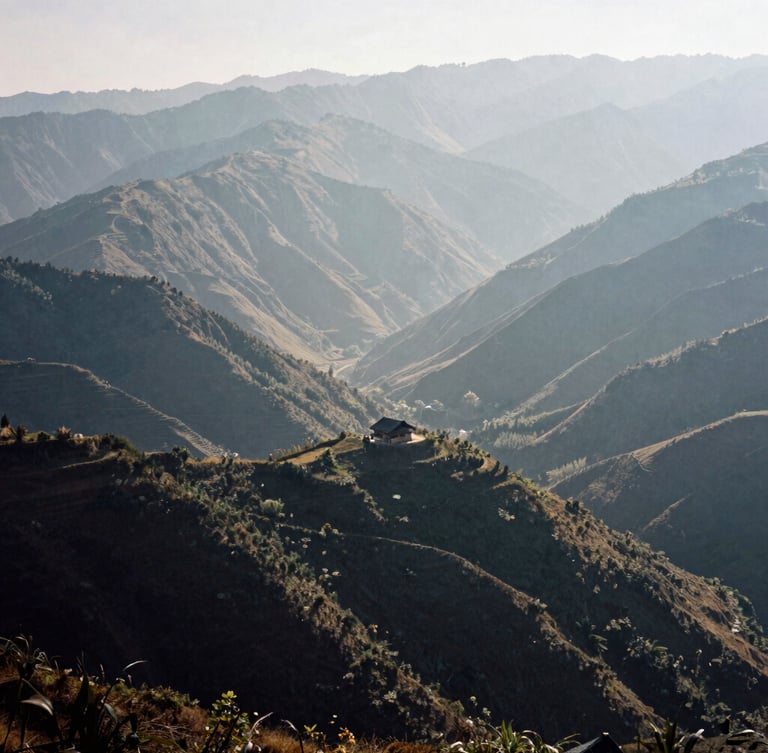 Wide panoramic landscape of misty northern Vietnamese mountains, Ha Giang region, deep valleys, a single tiny traditional house on a ridge showing scale, high-contrast natural morning light, deep shadows, 35mm film grain, cinematic editorial style.