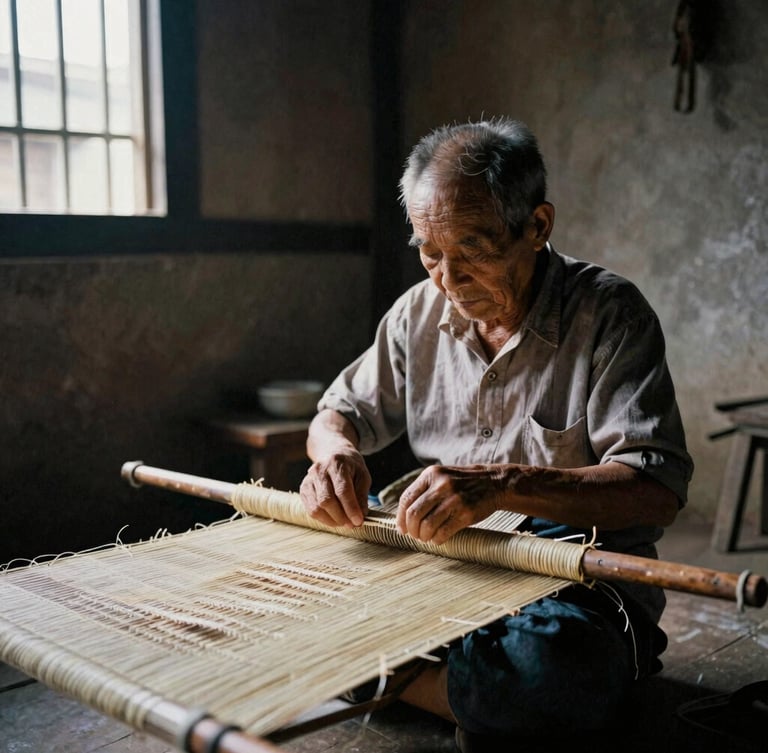 Cinematic portrait of an elderly artisan weaving a traditional mat in a rustic Tây Ninh workshop, high-contrast natural light from a side window, deep shadows, 35mm film grain, muted organic tones