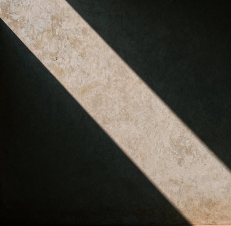 Minimalist architectural geometry of an ancient temple wall in Hue, strong diagonal shadows, high contrast light, textured plaster, cinematic 35mm
