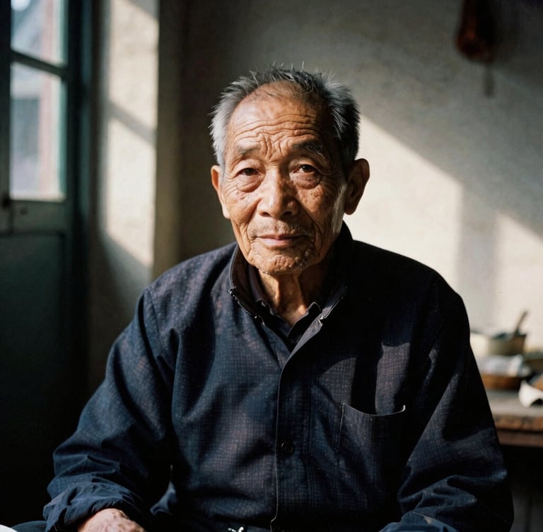 Cinematic portrait of an elderly Vietnamese artisan in Hanoi, deep facial wrinkles, natural window light casting deep shadows, 35mm film grain, muted organic tones, high-contrast editorial photography